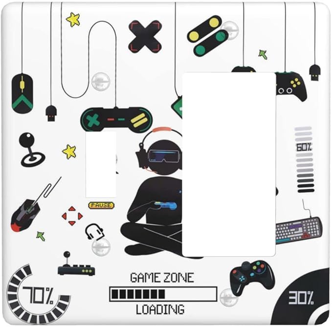 2 Gang Toggle Rocker Light Switch Cover Gamer Room Video Game Decor Decorative Combin Wall Plate Cover for Bathroom Home Bedroom Art Panel Decor 4.5 X 4.5 In