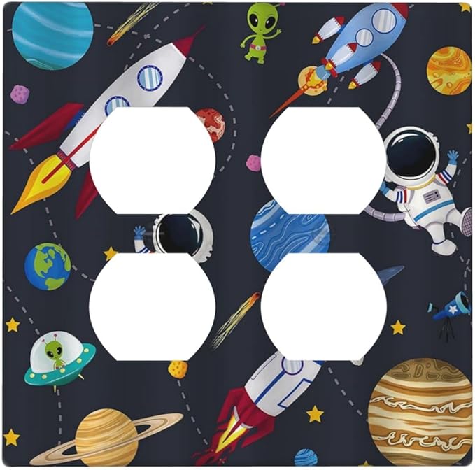 Rocket Planets Astronaut Blue Decorative Outlet Covers 2-Gang Duplex Light Switch Cover Gfci Wall Plate Covers Electrical Receptacle Switch Plate Cover Plug Faceplate for Bathroom Decor