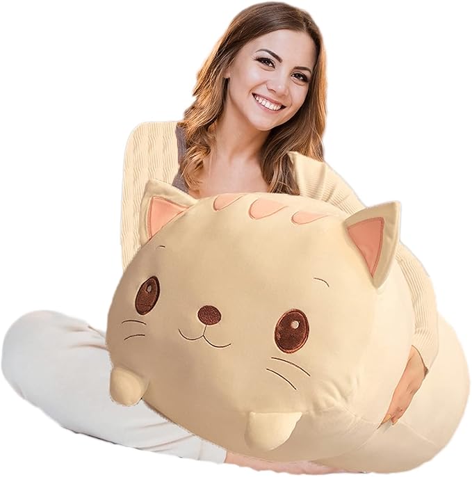 Cat Plush Pillow, Soft White Cat Stuffed Animal Toy Cylindrical Body Pillow Gifts for Kids, 33.5"