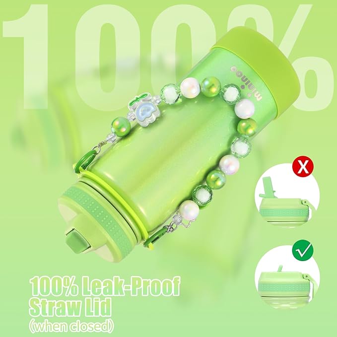 Mininoo Kids Water Bottle for School - 16 oz Stainless Steel Insulated Water Bottle with Ceramic-Lined, Leakproof Straw Lid & Beaded Handle for Girls & Boys