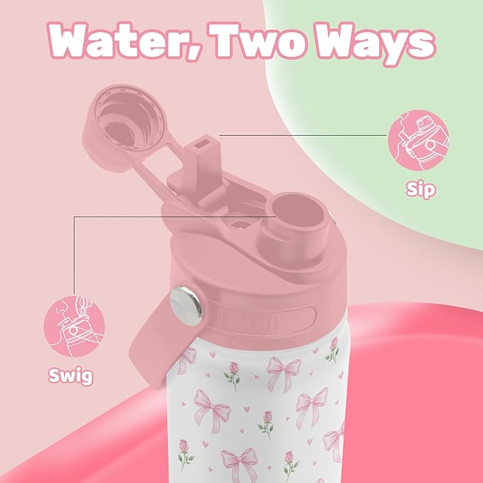 Insulated Water Bottle 18oz, Bow Water Bottle with 2-in-1 Straw and Spout Lid, Pink Bow Drinking Cup Leakproof, Cute Bows Coffee Travel Mug for Bows Lover, Birthday Gift Ideal for Women Man