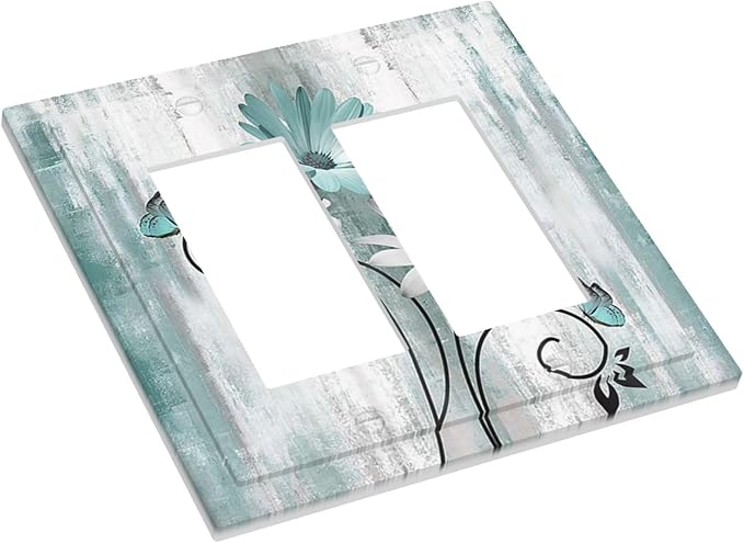 Teal Daisy Vintage Flower Butterfly Rustic Wood Print Decorative Outlet Covers 2 Gang Double GFCI Rocker Electrical Wall Panels Light Switch Cover Plate for Farmhouse Home Decor