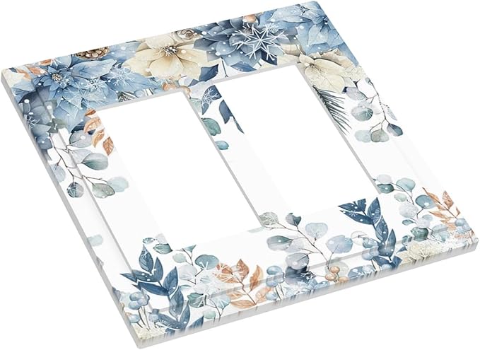 Blue Vine Snowflake Plants Leaves Floral Flowers Decorative Outlet Covers 2 Gang Double GFCI Rocker Electrical Wall Panels Light Switch Cover Plate for Bedroom Living Room Decor