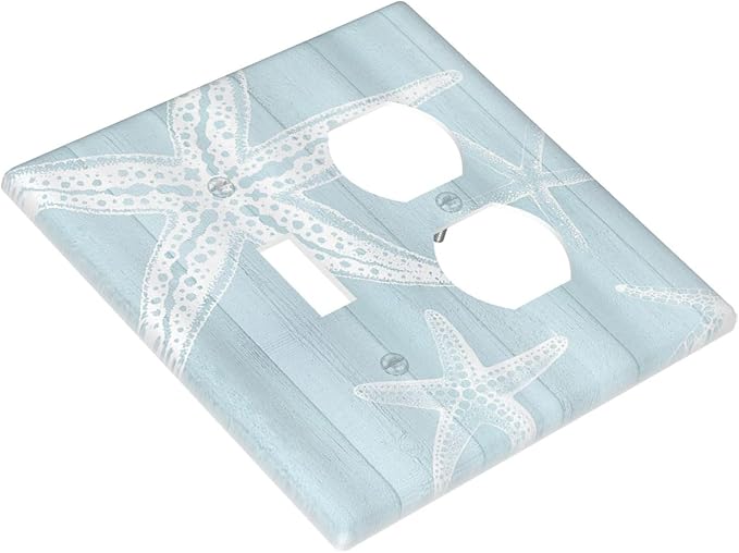 Outlet Covers Blue Wooden Plank Starfish Ocean Vintage 2 Gang Decorative Switch Plates 1 Toggle Duplex Combo Light Switch Cover GFCI Electrical Wall Plates for Bathroom Bedroom Decor