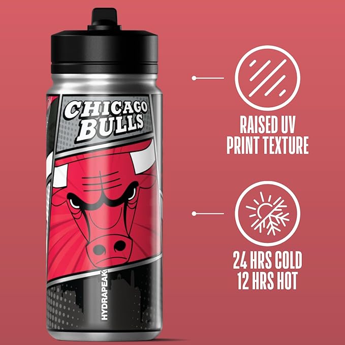 Hydrapeak x NBA Chicago Bulls 20 oz Stainless Steel Water Bottle, Officially Licensed Double Wall Insulated Sports Bottle with Straw Lid, Reusable Leakproof Gift for Kids & Adults