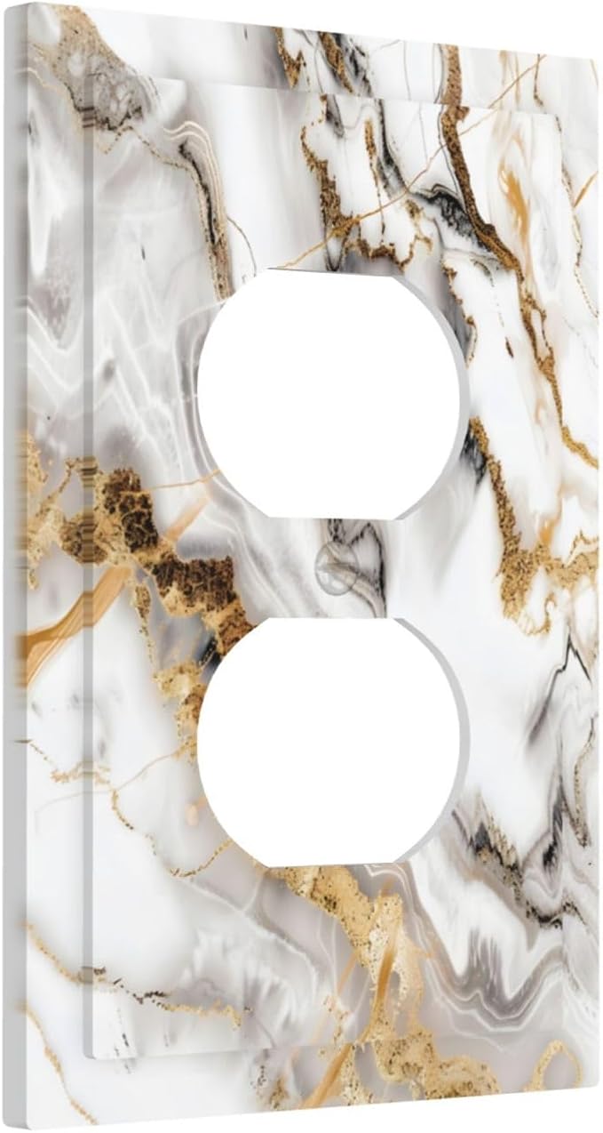 Luxurious Marble Abstract White Gold Tile Modern Simplicity Outlet Covers 1 Gang Duplex Light Switch Cover Decorative Switch Plates Electrical Receptacle Faceplate Wall Plate for Bathroom Kitchen Home
