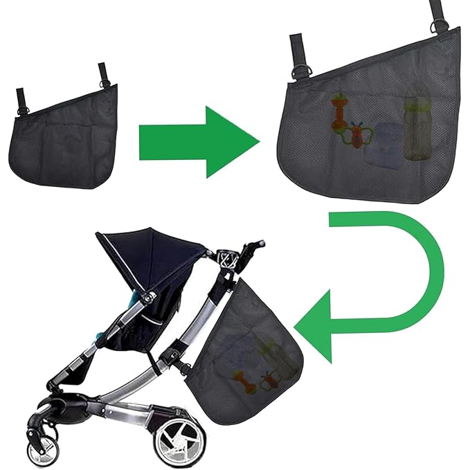 2 Pack Universal Side Sling Stroller Mesh Cargo Net and Organizer, Non-Slip and Adjustable Straps, Extra Stroller Storage Space (Black)