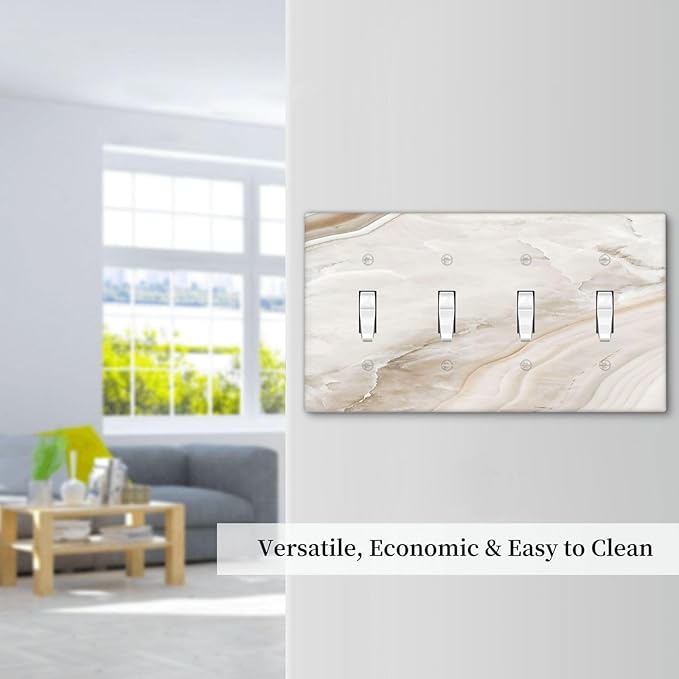 Light Switch Covers Beige Marble Pattern Quad Toggle 4 Gang Wall Plate Electrical Faceplate Decorative Switch Plates for living Room Bedroom Decor