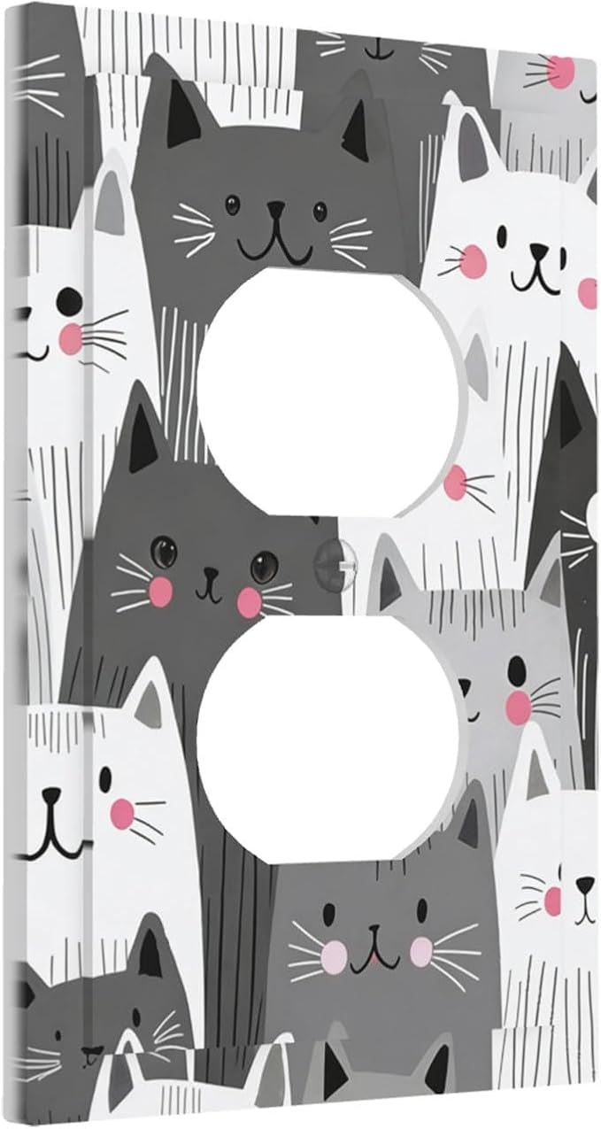 Playful Monochrome Cats with Blush Cheeks Duplex Wall Plate - 1-Gang Standard US Size Cat Lover's Fun Outlet Covers for Boys & Girls Room Decor