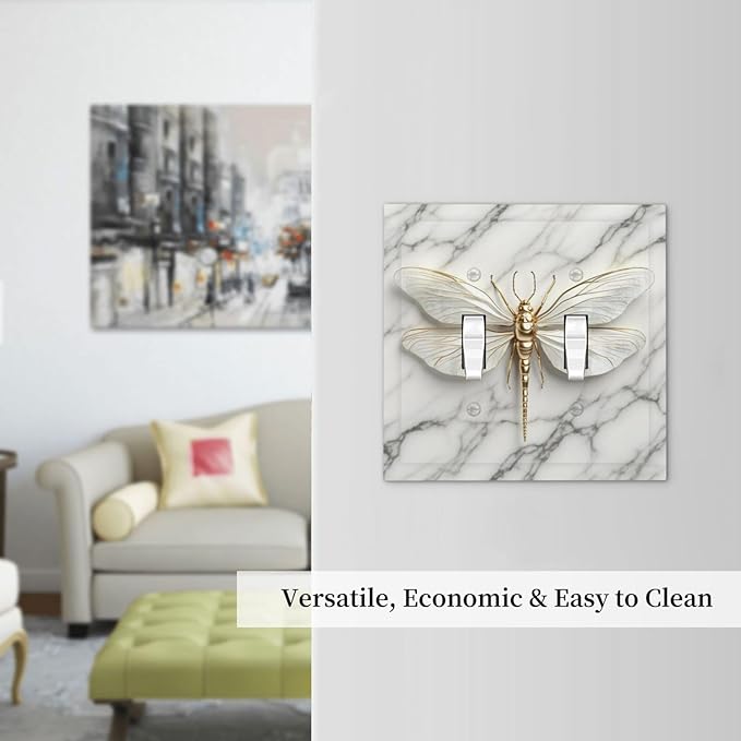 White Gold Marble Dragonfly Abstract Modern Decorative Switch Plates 2 Gang Double Toggle Outlet Light Switch Cover Wall Plate Electrical Faceplate for Bathroom Home Decor