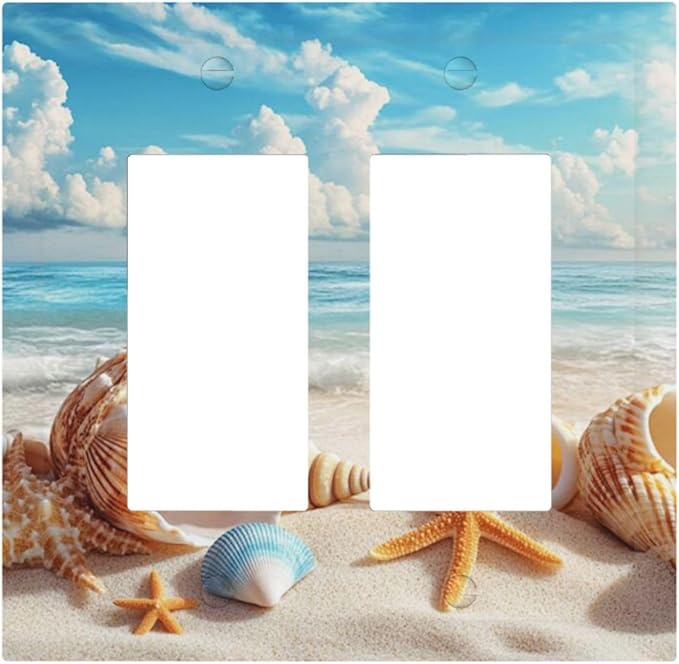 Beach Coastal Seashore Sea Starfish Shell Sand Decorative Outlet Covers 2 Gang Double GFCI Rocker Electrical Wall Panels Light Switch Cover Plate for Bathroom Home Decor