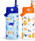 Kid Water Bottle 12oz with Straw Lid - 2-Pack Insulated Stainless Steel Water Bottles for Kids Girls - Travel Cup for Back to School Sports Christmas Birthday (Animals & Sea Animals)