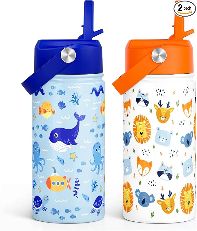 Kid Water Bottle 12oz with Straw Lid - 2-Pack Insulated Stainless Steel Water Bottles for Kids Girls - Travel Cup for Back to School Sports Christmas Birthday (Animals & Sea Animals)