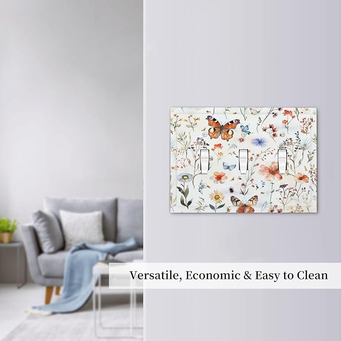 Decorative Switch Plates Butterfly Floral Boho Multicolor Flower Leave 3 Gang Wall Plate Triple Toggle Light Switch Cover Faceplate Electrical Wall Panels for Bed Room living Room Decor