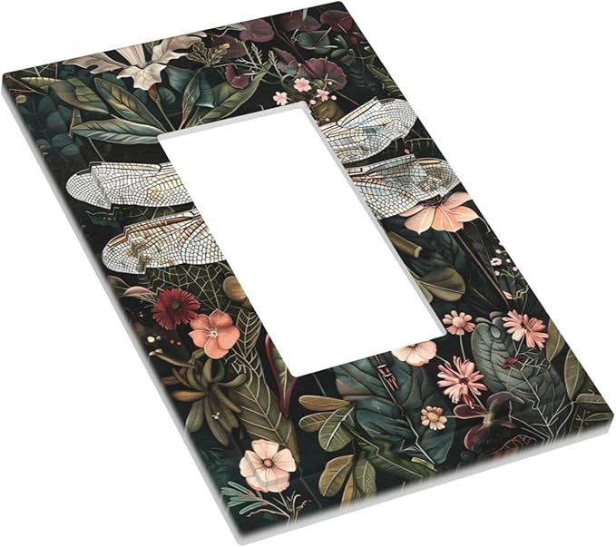 Vintage Dark Green Dragonfly Flowers Floral Botanical Decorative Outlet Covers 1 Gang Single Rocker Light Switch Cover Plate Wall Plates GFCI Faceplate for Farmhouse Home Decor