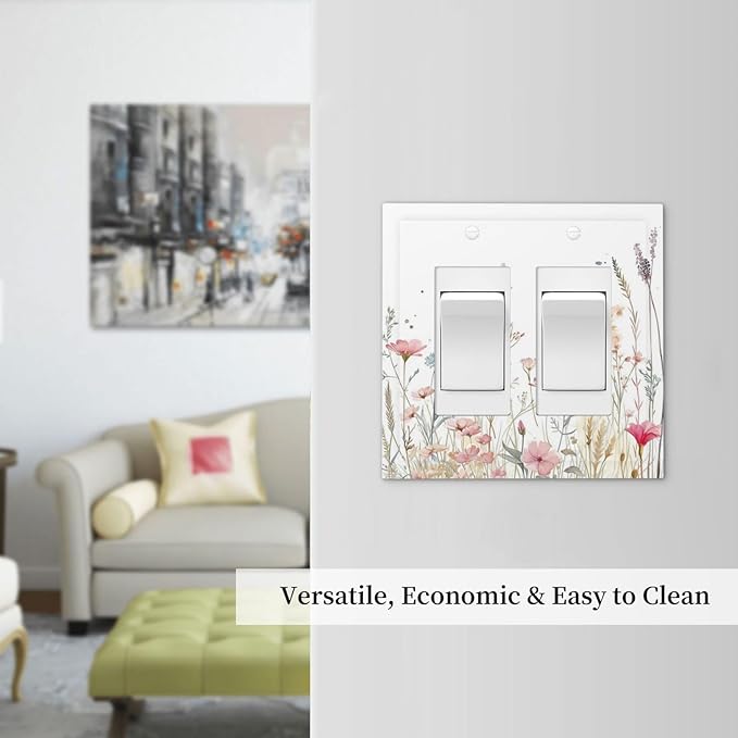Watercolor Wildflower Pink Flower Plant Floral Decorative Outlet Covers 2 Gang Double GFCI Rocker Electrical Wall Panels Light Switch Cover Plate for Bedroom Living Room Decor