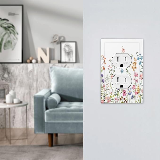 Boho Watercolor Wildflowers Floral Plants Flower Outlet Covers 1 Gang Duplex Light Switch Cover Decorative Switch Plates Electrical Receptacle Faceplate Wall Plate for Bedroom Living Room Decor
