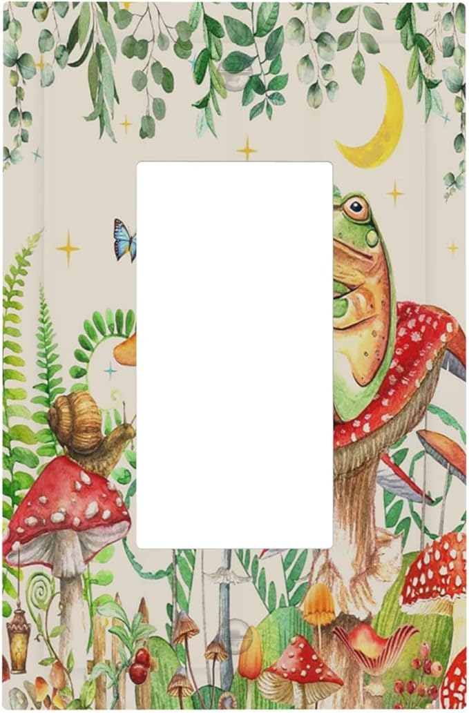 Decorative Outlet Covers Boho Mushrooms Frogs Butterflies Flowers Moon Stars 1 Gang Single Rocker Light Switch Cover Plate Wall Plates GFCI Faceplate for Kids room Bedroom Decor