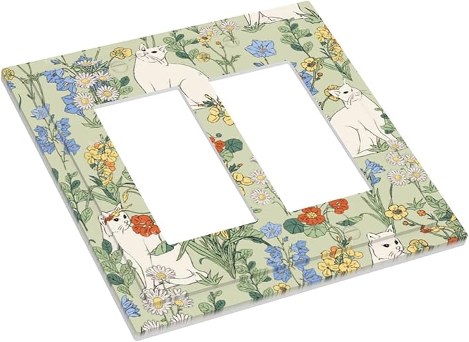 Decorative Outlet Covers Vintage Floral Cute Cat Colorful Flowers 2 Gang Double Gfci Rocker Electrical Wall Panels Light Switch Cover Plate For Bed Room Living Room Decor