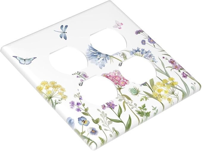 Colorful Wildflowers Dragonfly Lavender Butterfly Insect Outlet Covers 2 Gang Double Duplex Decorative Light Switch Covers Electrical Wallplates Socket Faceplate for Bedroom Living Room Decor