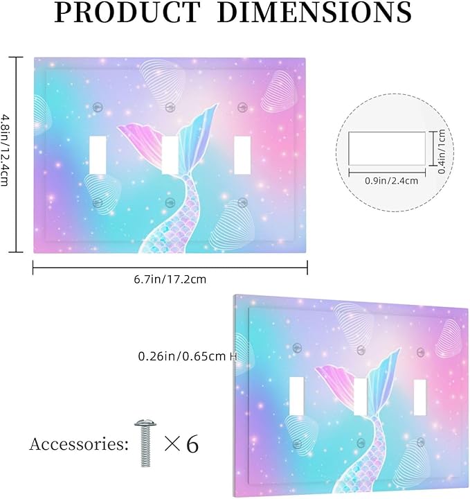 Mermaid 3 Gang Light Switch Cover Rainbow Tail Scales Jelly Fish Triple Toggle Wall Plate Decorative Electrical Switchplates Faceplate for Nursery Girls Boys Room Kids Room Decor