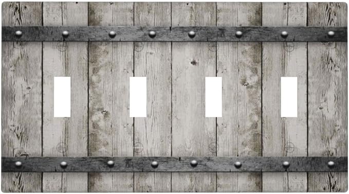 Quad Toggle Light Switch Cover 4 Gang Barn Door Vintage Farmhouse Country Decorative Switch Plates Cover for Bathroom Home Living Room Decor 8 X 4.5 In