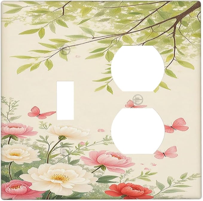 Wallplates Garden Flowers Green Leaves And Butterflies 1 Toggle 1 Duplex Switch Plate Electrical GFCI Faceplate Decorative Light Switch Covers for Bedroom Cabin Decor