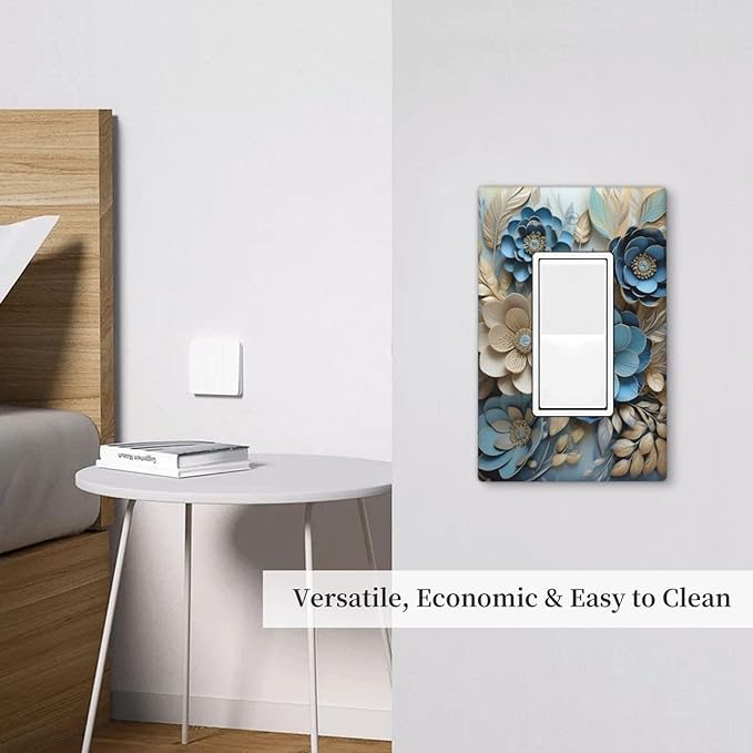 Decorative Art Light Switch Covers Blue and Creamy Floral 1 Gang Rocker Outlet Wall Plate Switchplate Electrical Faceplate for Home Decor
