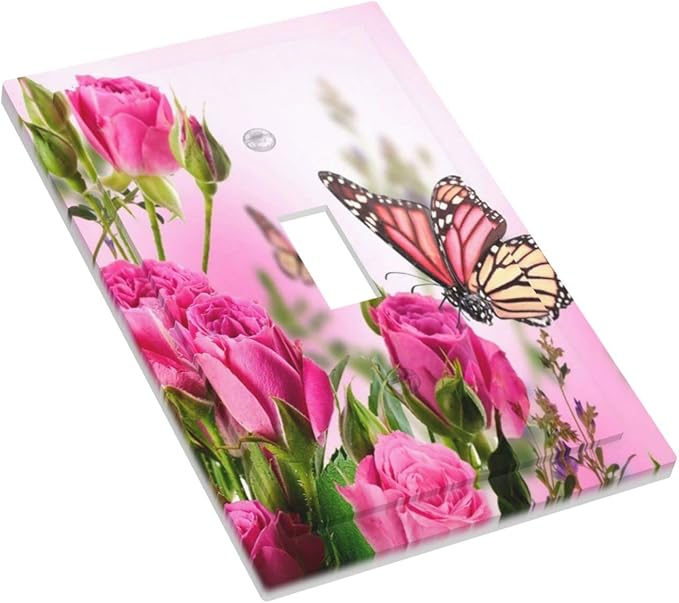Pink Flower Butterfly 1 Gang Light Switch Plate Decorative Single Toggle Wall Plate Cover Electrical Switchplate Faceplate Rose Pink Floral Spa Home of Spring House Nature Garden Plant Bathroom Decor