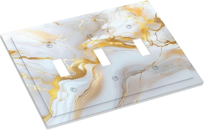 Decorative Switch Plate Cover Abstract Gold Marble Design with White & Gold 3 Gang Artistic Wall Plate Unique Triple Toggle Light Switch Covers for Modern Luxurious Decor