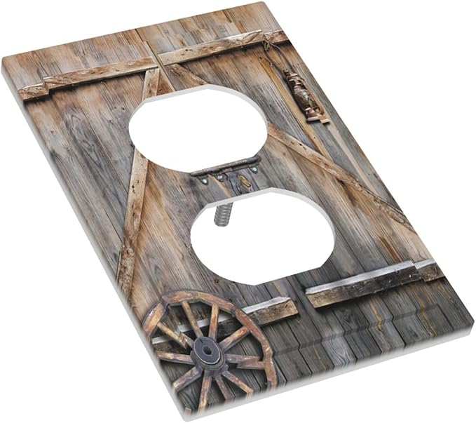 Western Rustic Barn Door Farmhouse Wood Country Garage Cabin Plank 1 Gang Electrical Device Duplex Receptacle Light Switch Outlet Cover Wall Plate Electric Plug Socket Cover Decorative Switchplate