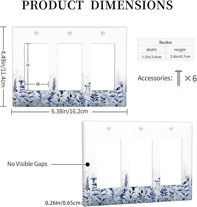 Decorative Outlet Covers Rustic Blue Plants Wildflowers Boho Leaves 3 Gang Wall Plate Cover Triple Rocker Decora Light Switch Covers Plate Jumbo Electrical GFCI Switch Plate Cover