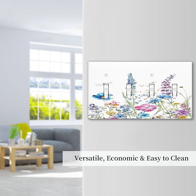 Light Switch Covers Boho Colorful Flowers Plants And Dragonflies Quad Toggle 4 Gang Wall Plate Electrical Faceplate Decorative Switch Plates for Bedroom living Room Decor