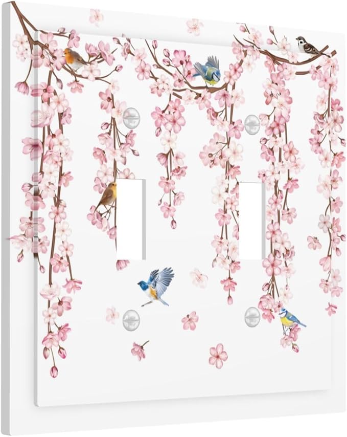 Pink Cherry Blossom Flower Vine Floral Tree Branch Birds Decorative Switch Plates 2 Gang Double Toggle Outlet Light Switch Cover Wall Plate Electrical Faceplate for Bedroom Living Room Decor