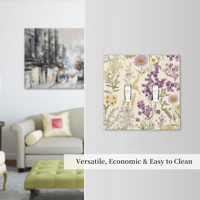 Watercolor Floral Leaves 2 Gang Light Switch Cover Small Purple Flowers Daisies Double Toggle Wall Plate Decorative Electrical Switchplate Covers for Country Bedroom Kitchen Living Room Decor