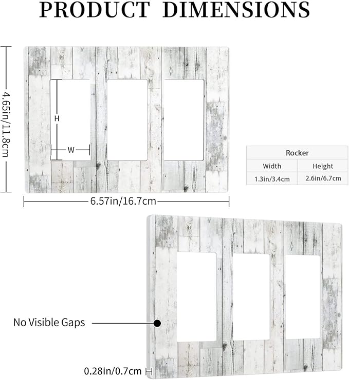 Grey White Wood 3 Gang Triple Rocker/Decor Light Switch Wall Plate Cover Decorative Electrical Faceplate for Kids Living Room Bedroom Decor Screwless 6.57" x 4.65