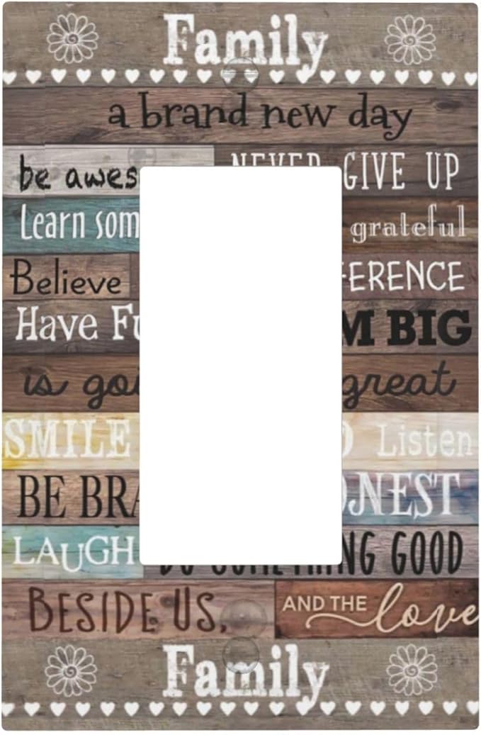 1 Gang Single GFCI/Decorator Rocker Outlet Light Switch Wall Plate Cover Rustic Vintage Country Family Home Inspirational Quotes Rule Cabin Barn Wood Decorative One Device Electrical Faceplate Dimmer