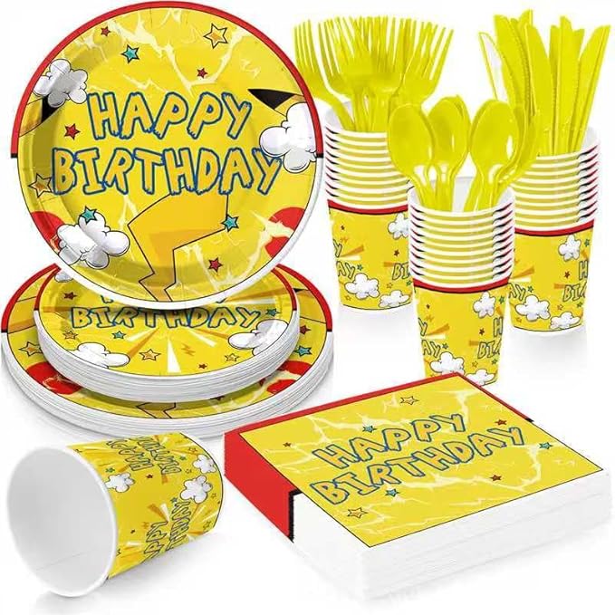 Cartoon Yellow Animal Party Supplies for 24 Guests, Anime Cartoon Celebration Party Decorations Disposable Tableware Set With Plates, Cups, Napkins & Cutlery For Kids Child Themed Birthday Celebration