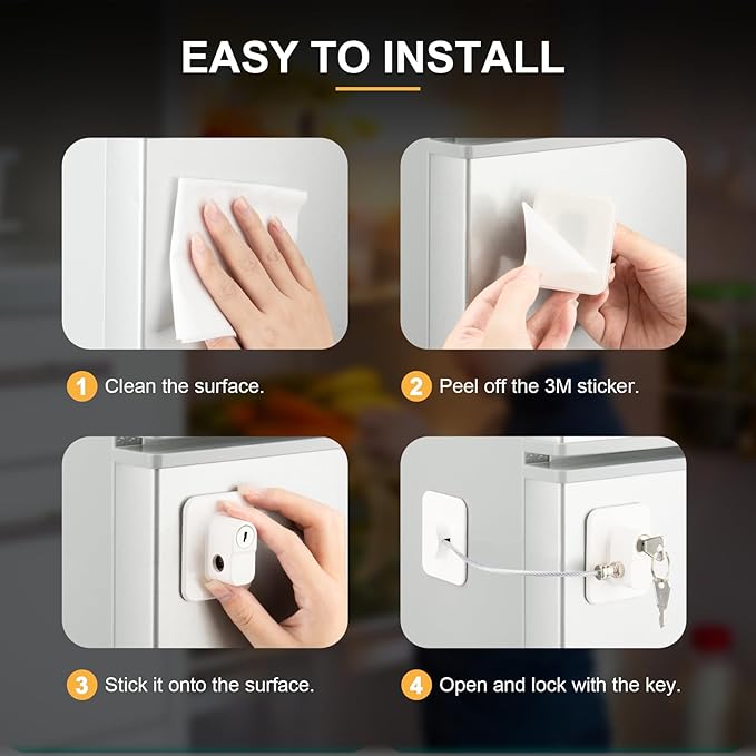 Fridge Lock, 2PCS Upgraded Refrigerator Lock for Freezer, Cabinets and Drawers, Air Fryer, Closets, Windows, Doors, Durable ABS with Adhesive Backing, Easy Install, No Tools Needed, White