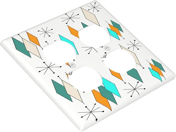Mid Century Geometric Plaid 2-Gang Device Duplex Wall Plate, Aqua/Blue/Orange Modern Retro Abstract Atomic Art Decorative Two Gang Double Duplex Receptacle Socket Outlet and Light Switch Cover Plate