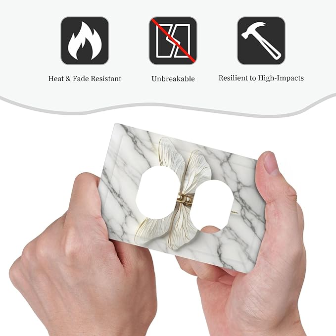 White Gold Marble Dragonfly Abstract Modern Outlet Covers 1 Gang Duplex Light Switch Cover Decorative Switch Plates Electrical Receptacle Faceplate Wall Plate for Bathroom Home Decor