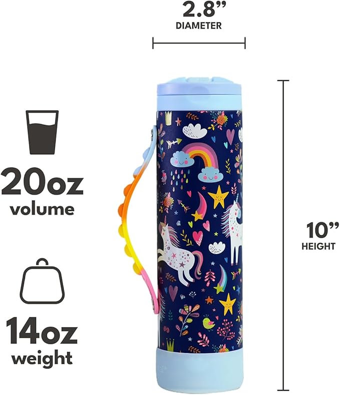 Elemental Iconic Kids Water Bottle for School - 100% Leak-Proof Insulated Water Bottles with Straw Lid & Pop-It Handle for Boys & Girls - Triple-Wall Insulated & BPA-Free, 20oz – Unicorn