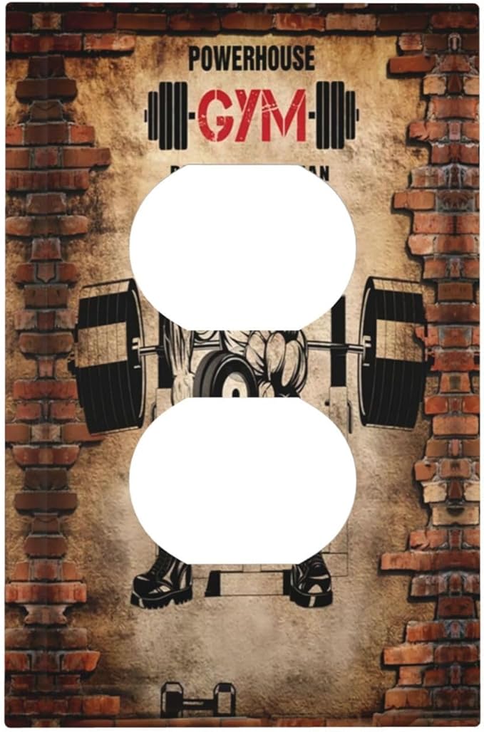 Vintage Gym Retro Brick Dumbbell Muscular Man 1 Gang Outlet Plate Duplex Decorative Art Outlet Covers Electrical Receptacle Lightswitch Faceplate Dimmer for Bedroom Boyroom Bathroom Decor