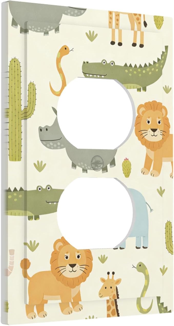 Playful African Safari Animals Duplex Wall Plate - 1-Gang Standard US Size Cute Hippo Crocodile Lion Elephant And Giraffe Funny Wildlife Outlet Covers for Boys & Girls Room Decor