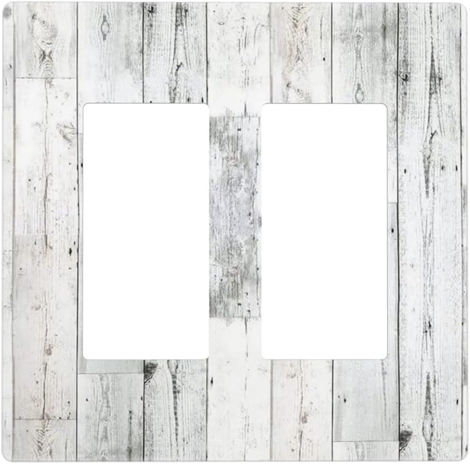 Grey White Wood 2 Gang Double Rocker/Decor Light Switch Cover Decorative Outlet Wall Plate Electrical Faceplate Home Bedroom Art Panel Decor Screwless 4.7" x 4.6