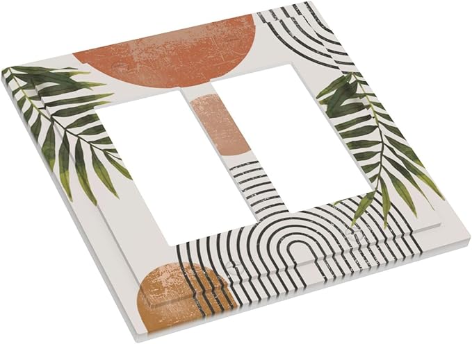 Beautiful Boho Mid Century Large Archs Sun Leaves Plants Decorative Outlet Covers 2 Gang Double GFCI Rocker Electrical Wall Panels Light Switch Cover Plate for Bedroom Living Room Decor