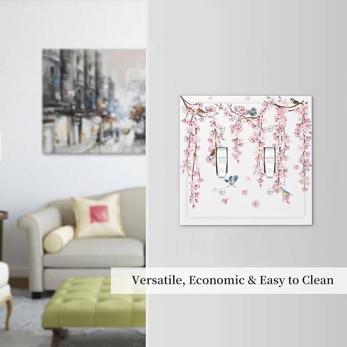 Pink Cherry Blossom Flower Vine Floral Tree Branch Birds Decorative Switch Plates 2 Gang Double Toggle Outlet Light Switch Cover Wall Plate Electrical Faceplate for Bedroom Living Room Decor
