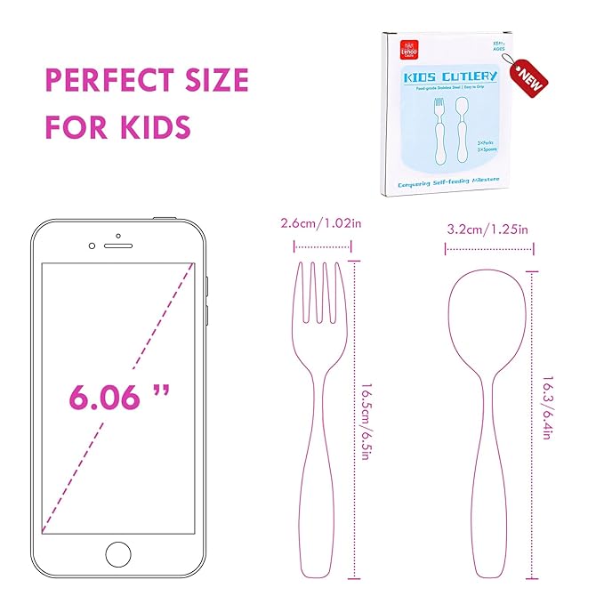 Lehoo Castle Toddler Fork and Spoon, 6pcs Kids Utensils, Safe Stainless Steel Toddler Silverware Set, Children Flatware Set, Incudes 3 Spoons and 3 Forks (Pink)