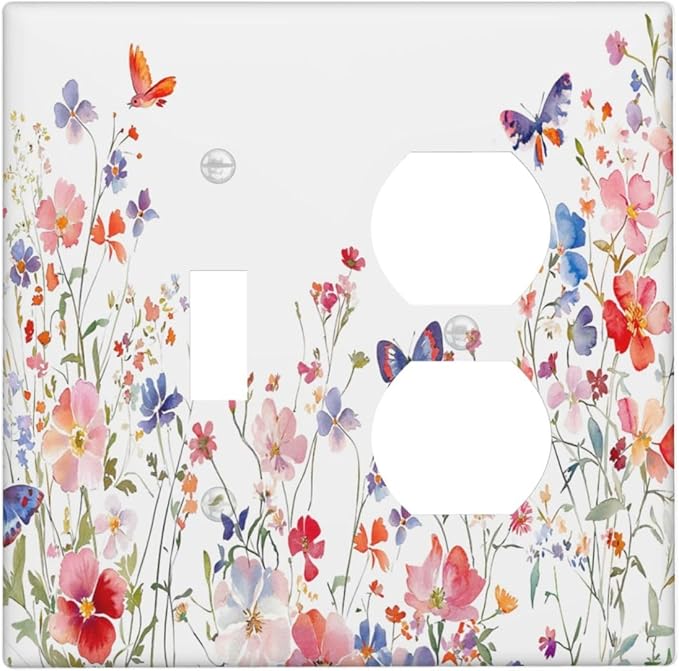 Colorful Flower Watercolor Floral Butterfly Bird Wallplates 1 Toggle 1 Duplex Switch Plate Electrical GFCI Faceplate Decorative Light Switch Covers for Bedroom Living Room Decor