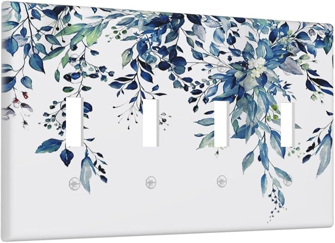 Blue Eucalyptus Watercolor Leaves Quad Toggle Light Switch Cover Decorative Green Plant 4 Gang Wall Plate Electrical Faceplate Switchplate for Kidroom Bathroom Bedroom Living Room Decor